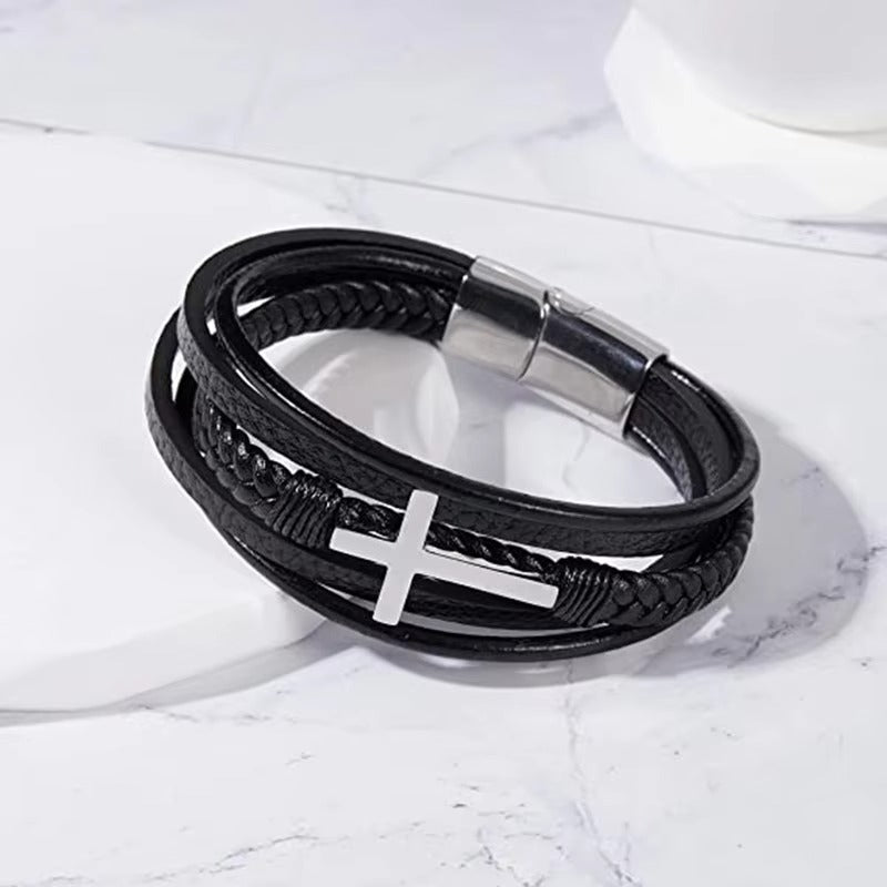 Cross Leather Bracelet - Meaningful Engraving