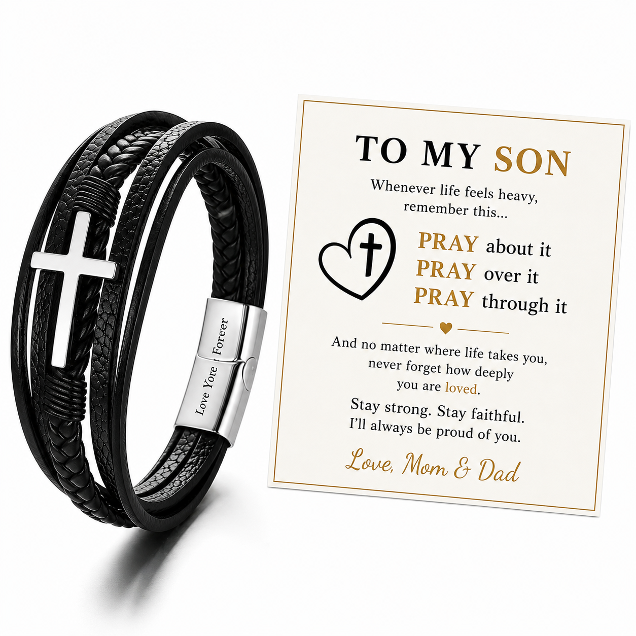 To My Grandson - Cross Leather Bracelet - Love You Forever Engraving