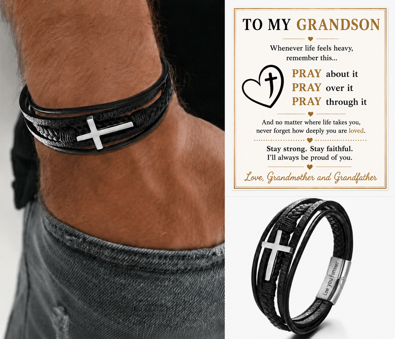 To My Grandson - Cross Leather Bracelet - Love You Forever Engraving