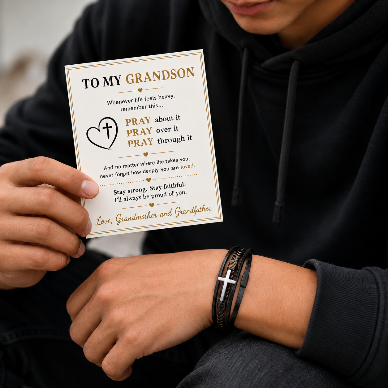 To My Grandson - Cross Leather Bracelet - Love You Forever Engraving
