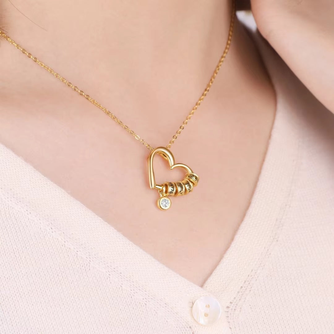 To My Wife – Engraved Heart Beads Charm Necklace